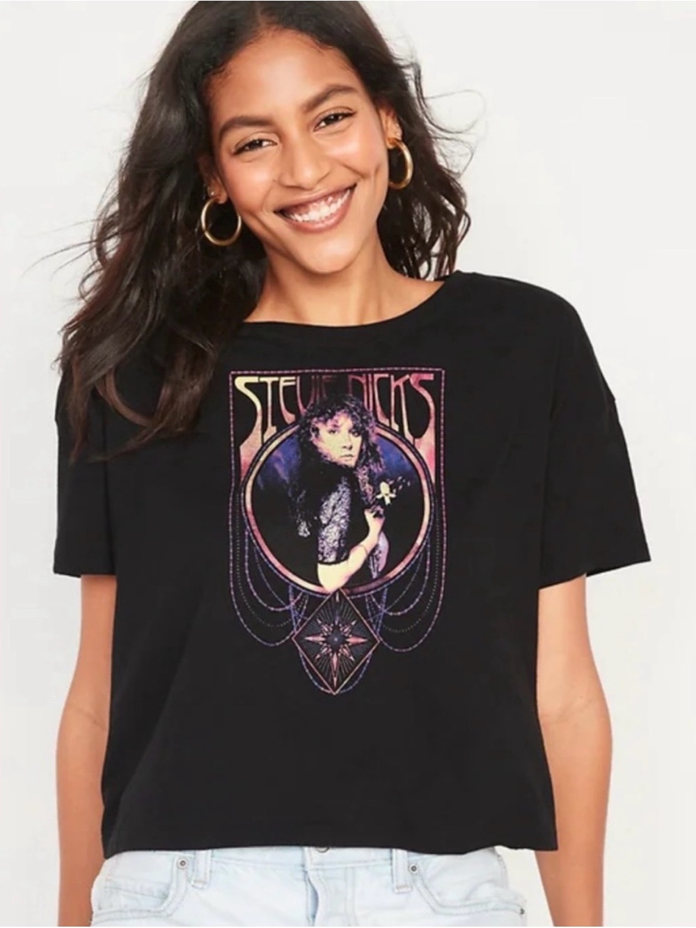 Black Stevie Nicks Cropped T-Shirt Size Medium Old Navy Boho Gypsy Graphic Tee